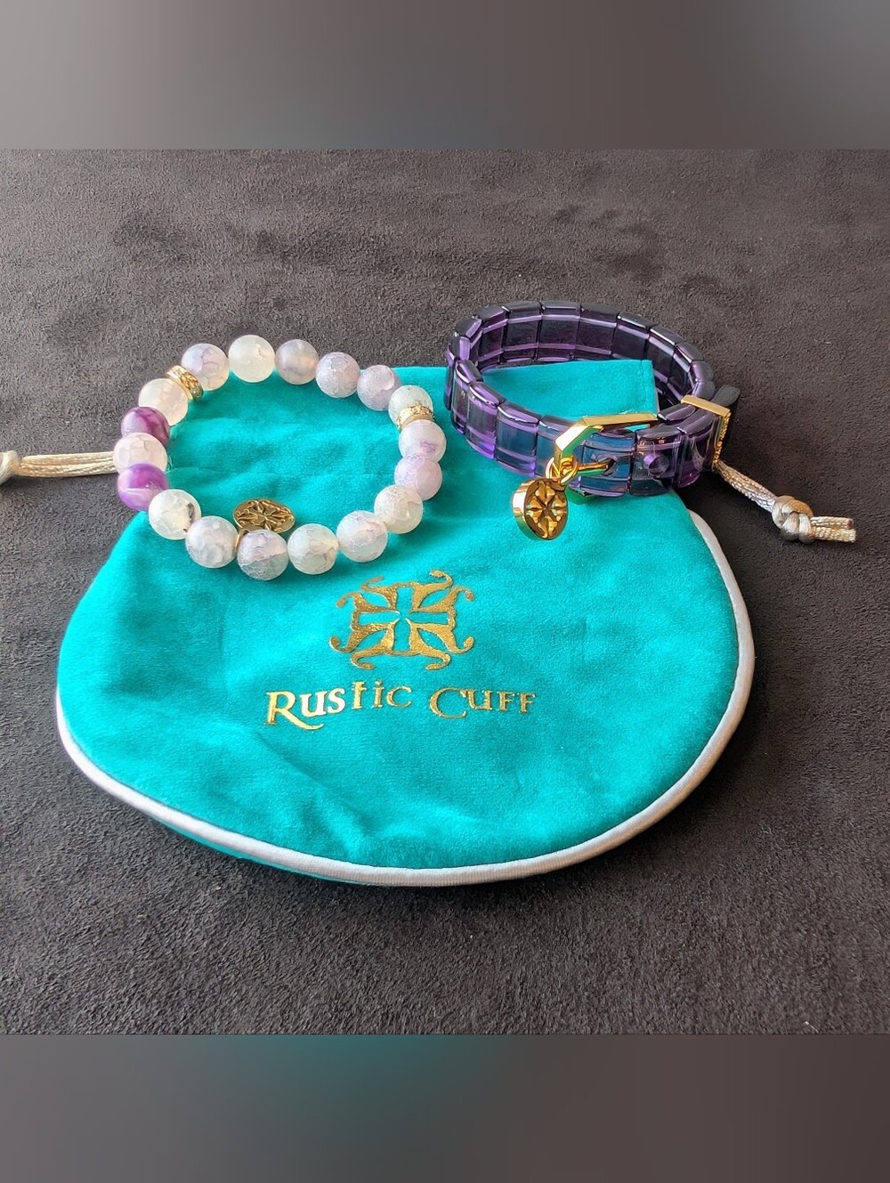 Rustic Cuff Purple Acrylic Buckle Bracelet & Amethyst Beaded Stack Set